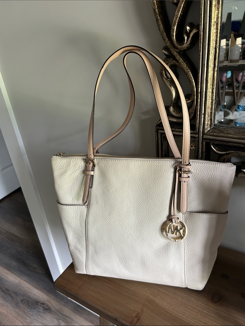 Michael Kors Cream Leather Tote with Gold MK Pendant and Tan Straps great cond